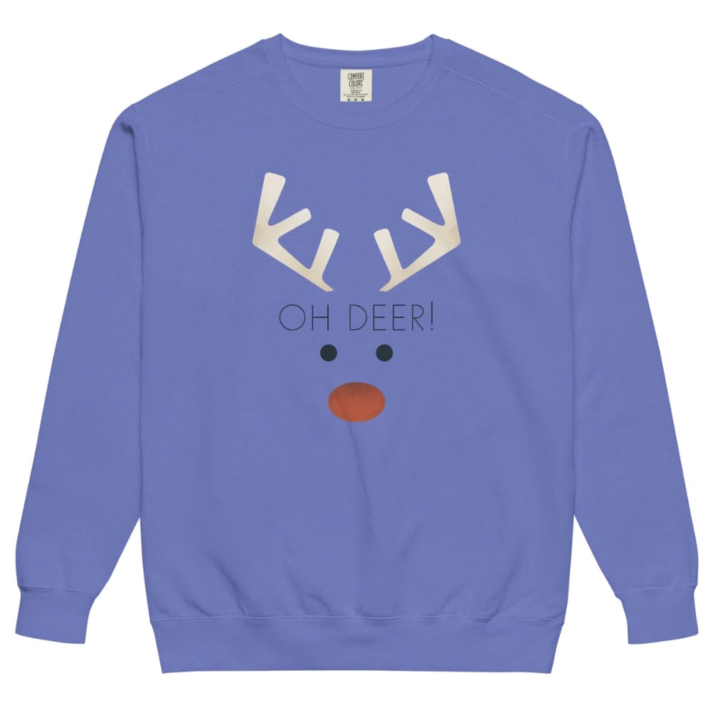 Blue sweatshirt with a reindeer face design and 'OH DEER!' text on a white background