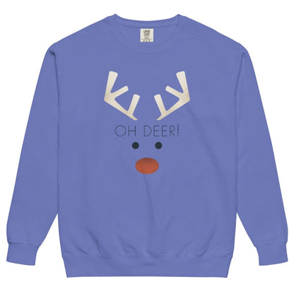 Blue sweatshirt with a reindeer face design and 'OH DEER!' text on a white background