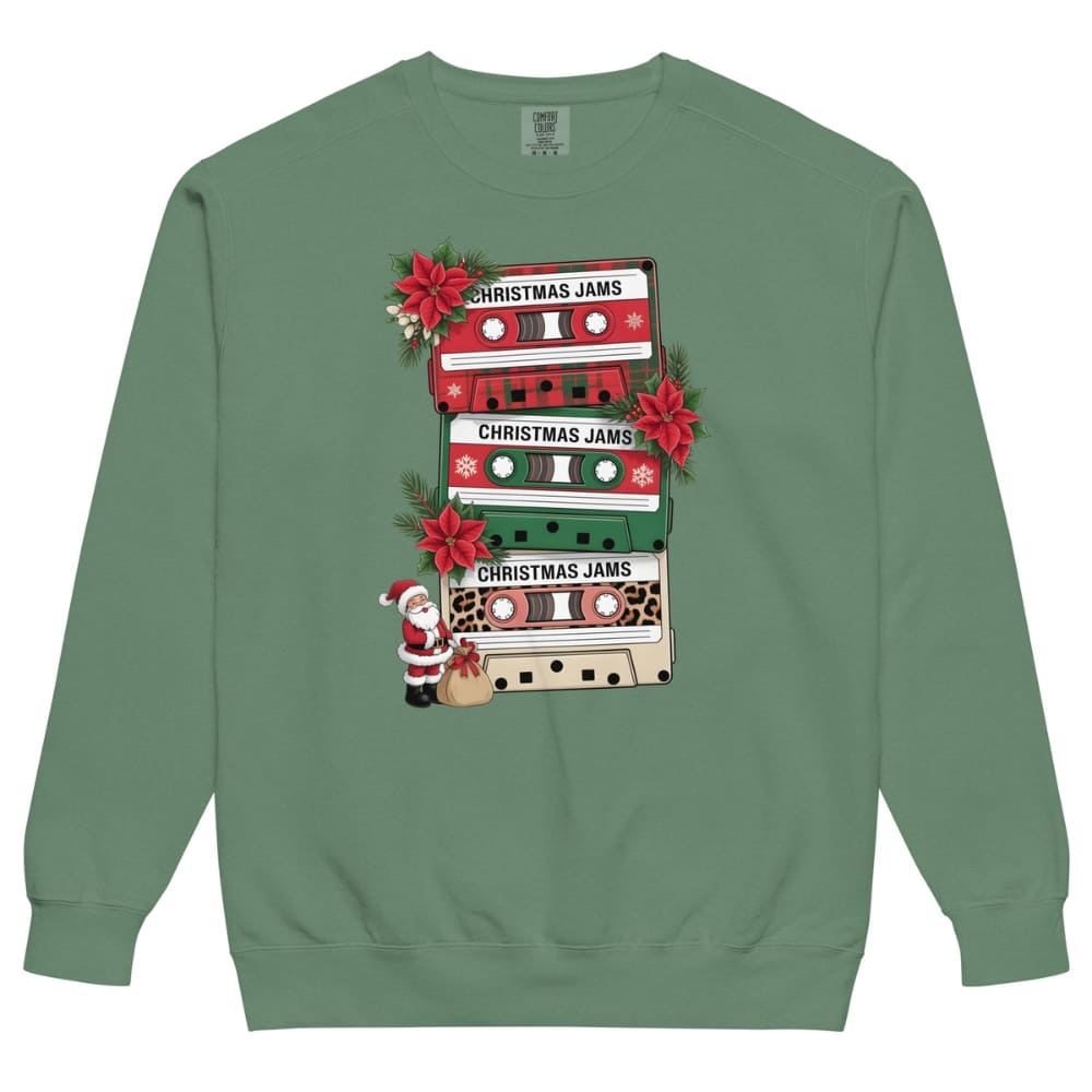 Green sweatshirt with Christmas-themed design featuring tapes and Santa Claus on a white background