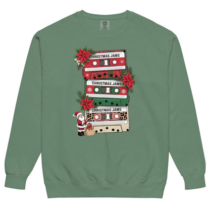 Green sweatshirt with Christmas-themed design featuring tapes and Santa Claus on a white background