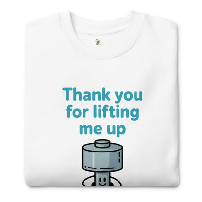 White t-shirt with a robot graphic and text 'Thank you for lifting me up' on a white background