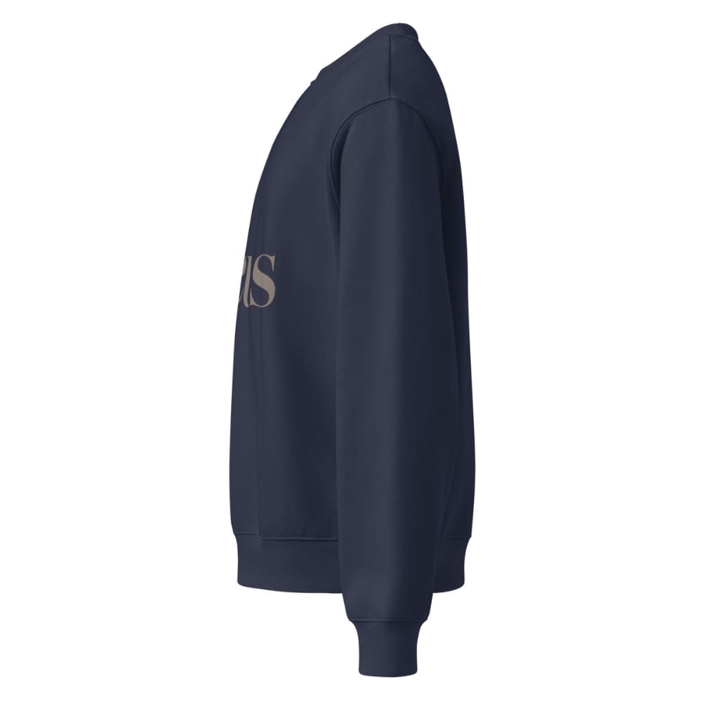 Navy blue sweatshirt with a brand logo on the sleeve against a white background