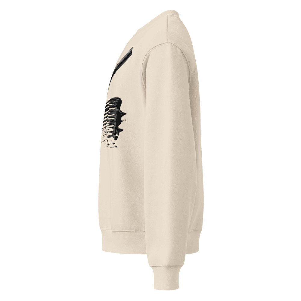 Beige hoodie with black graphic on sleeve against a white background