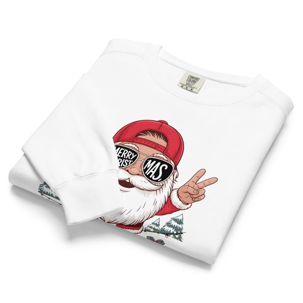 White t-shirt with a graphic of Santa Claus wearing sunglasses and giving a peace sign on a white background.
