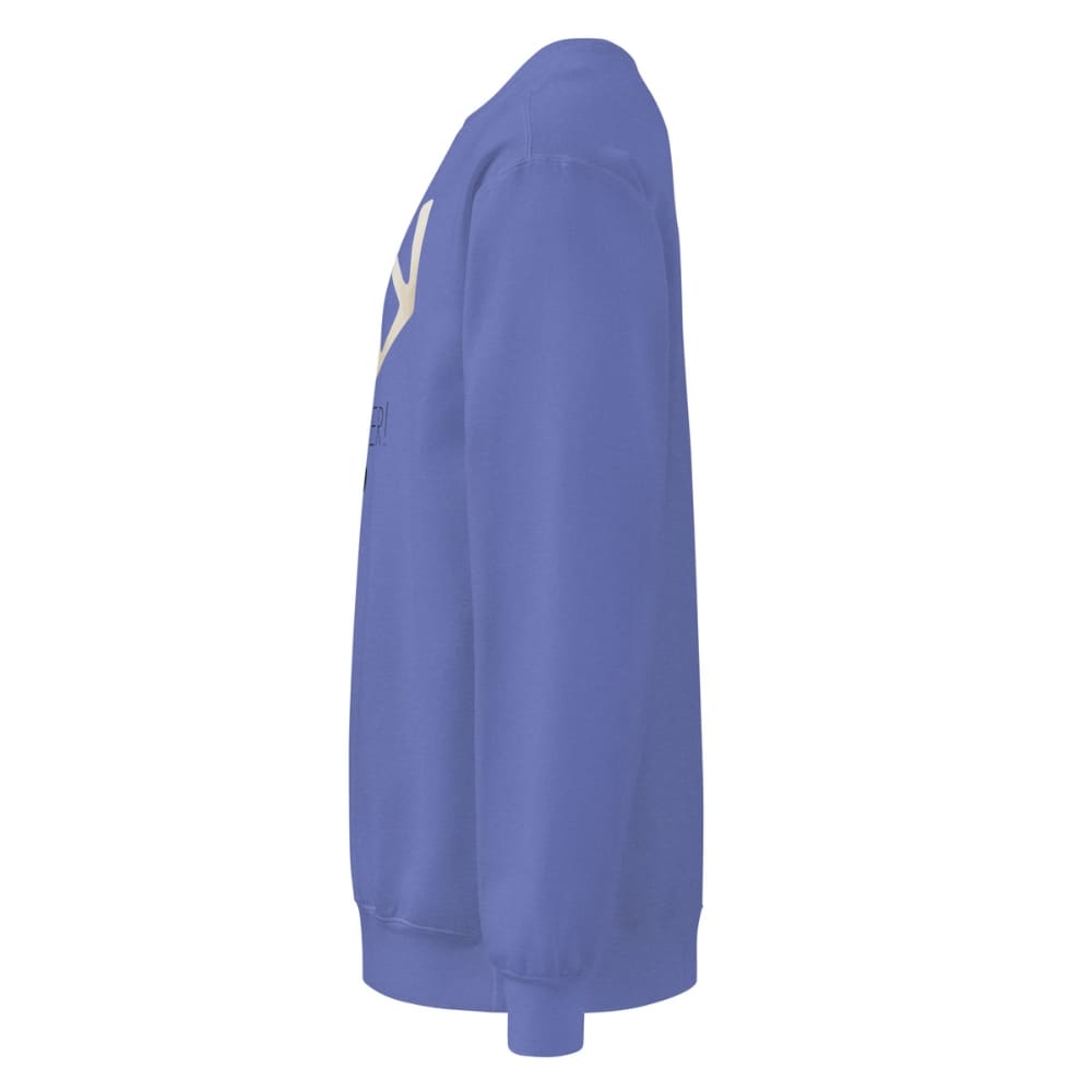 Blue sweatshirt with a logo on the chest against a white background