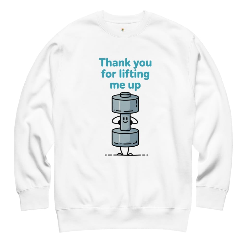 White sweatshirt with a cartoon character and text on a white background