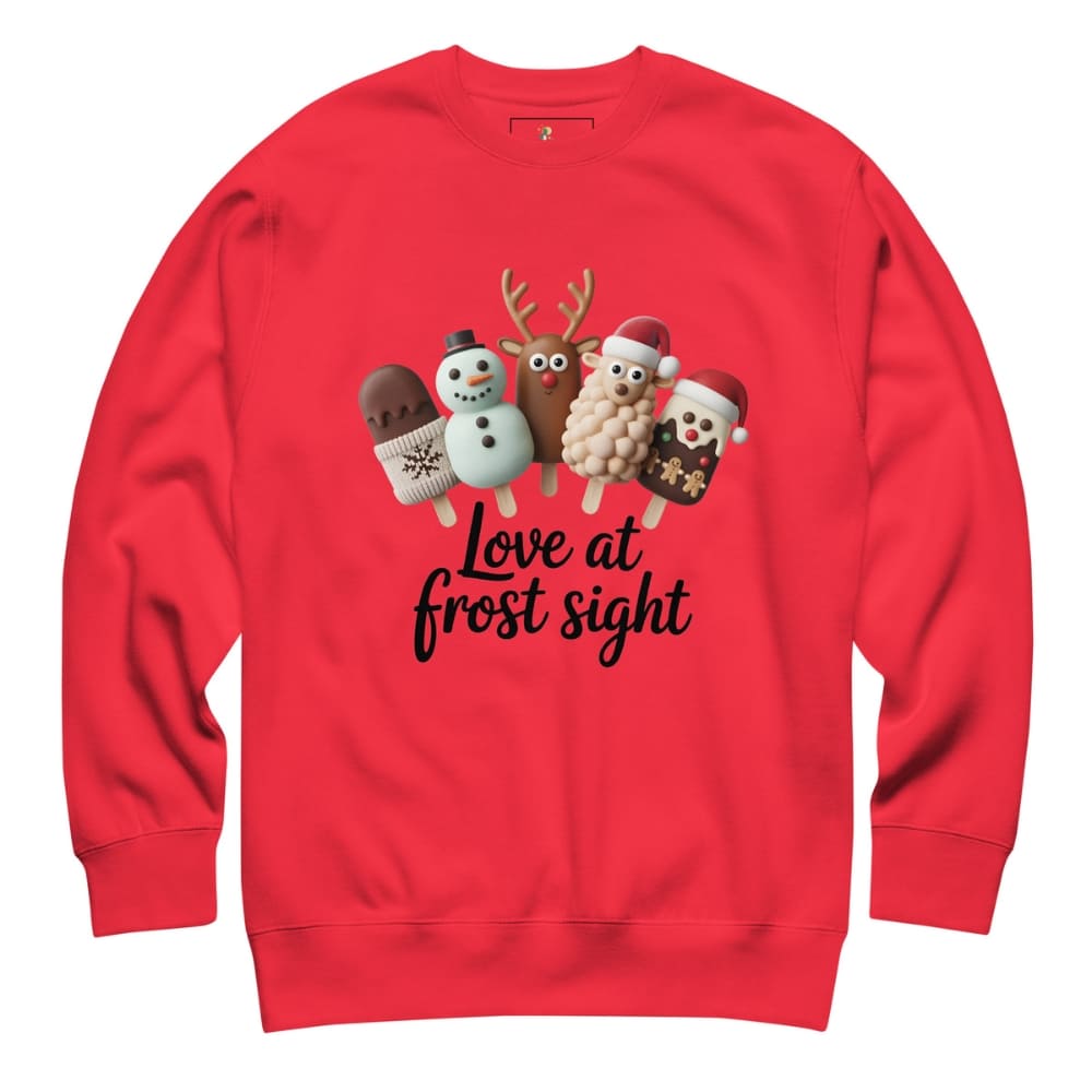 Red sweatshirt with Christmas-themed illustrations and text on a white background