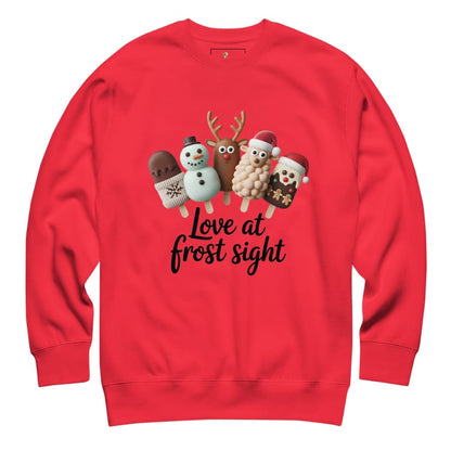 Red sweatshirt with Christmas-themed illustrations and text on a white background