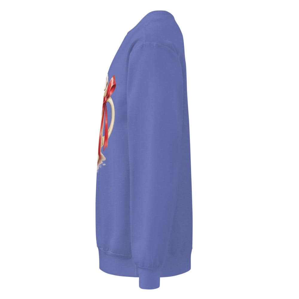 Blue sweatshirt with a colorful graphic on the sleeve against a white background