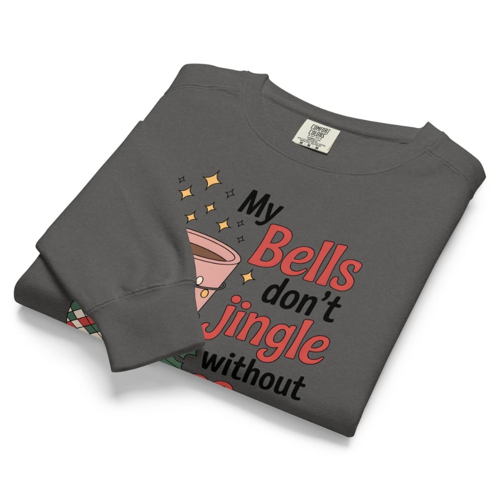 Folded dark gray sweatshirt with humorous text design on a white background