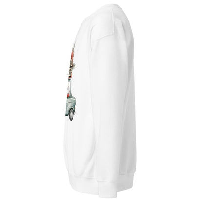 White sweatshirt with a graphic of a vintage car on a white background