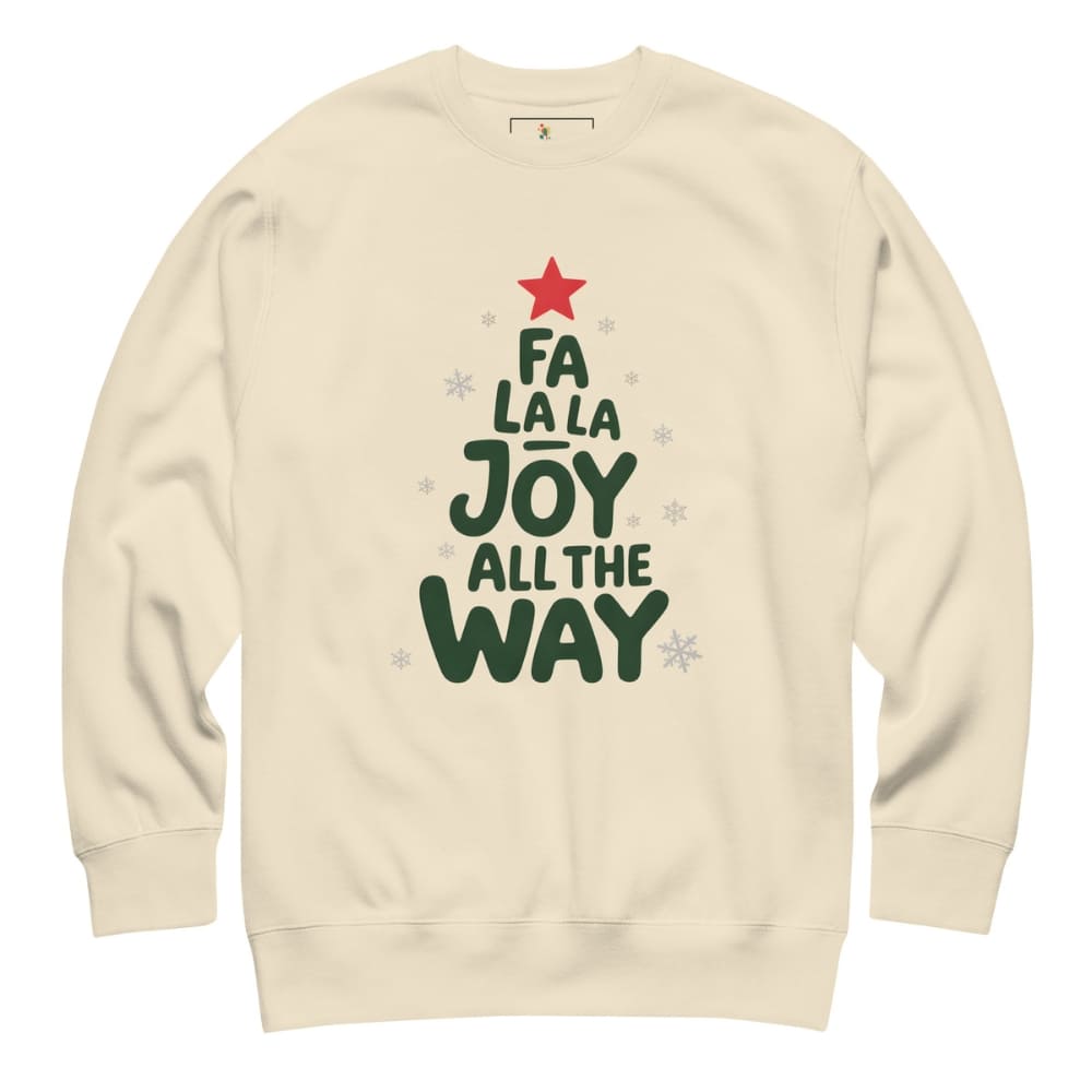 Beige sweatshirt with Christmas-themed text and graphics on a white background
