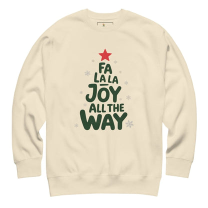 Beige sweatshirt with Christmas-themed text and graphics on a white background