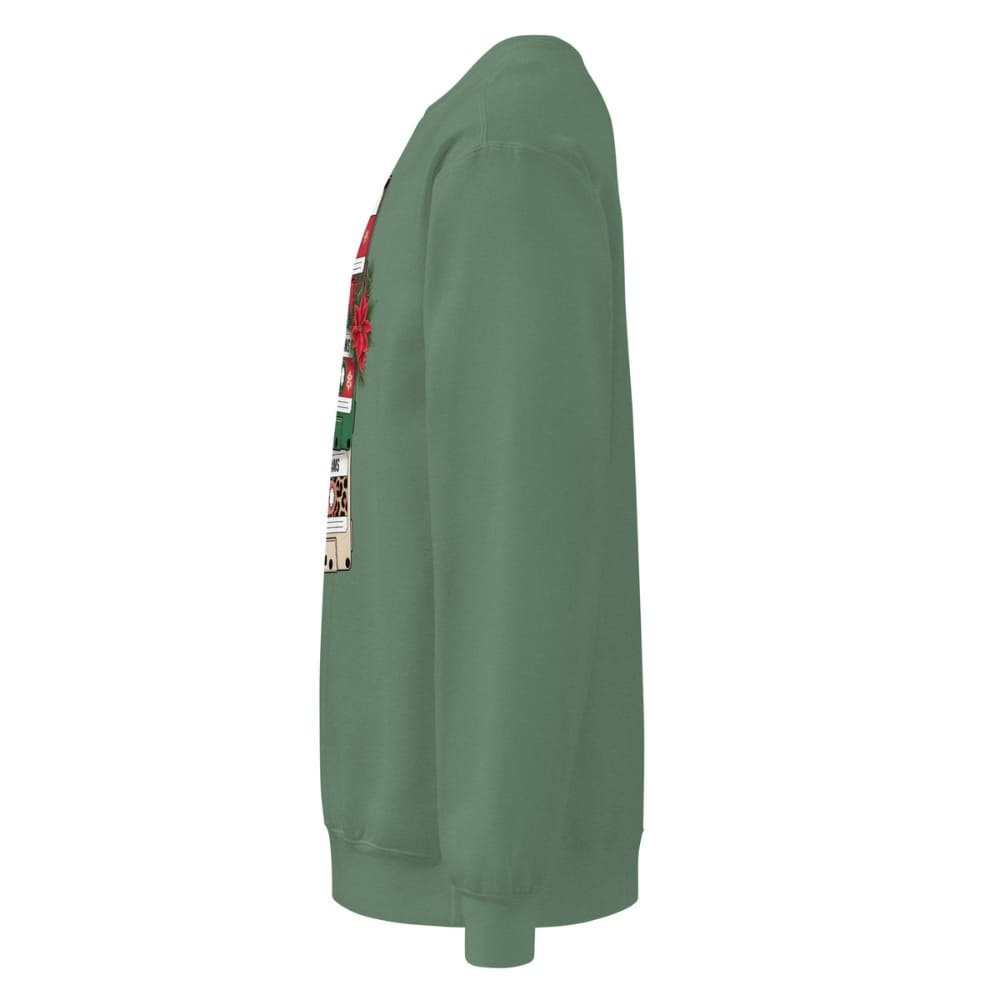Green sweatshirt with a colorful graphic on the sleeve against a white background