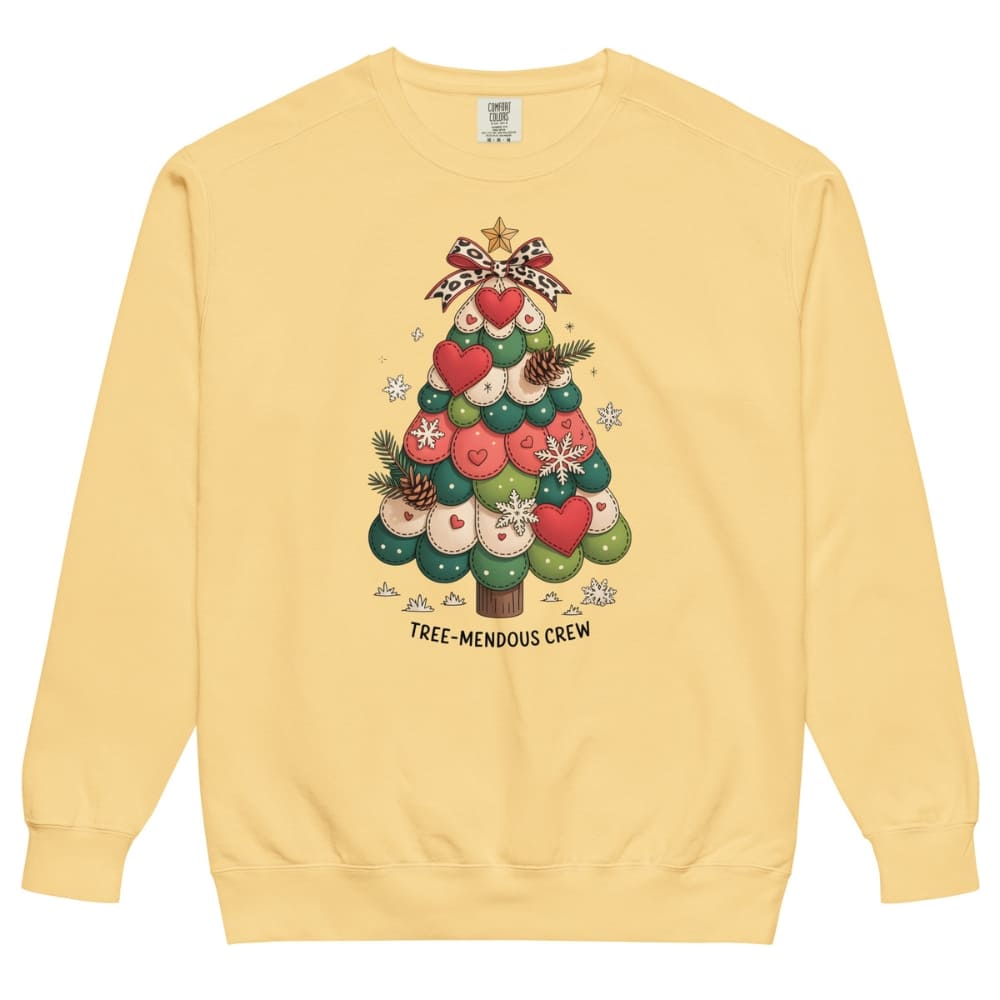 Yellow sweatshirt with a Christmas tree design and text on a white background