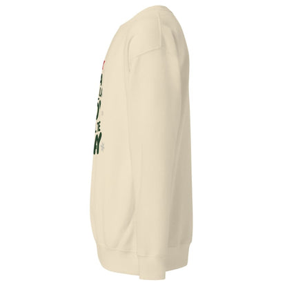 Beige hoodie with green text on a white background