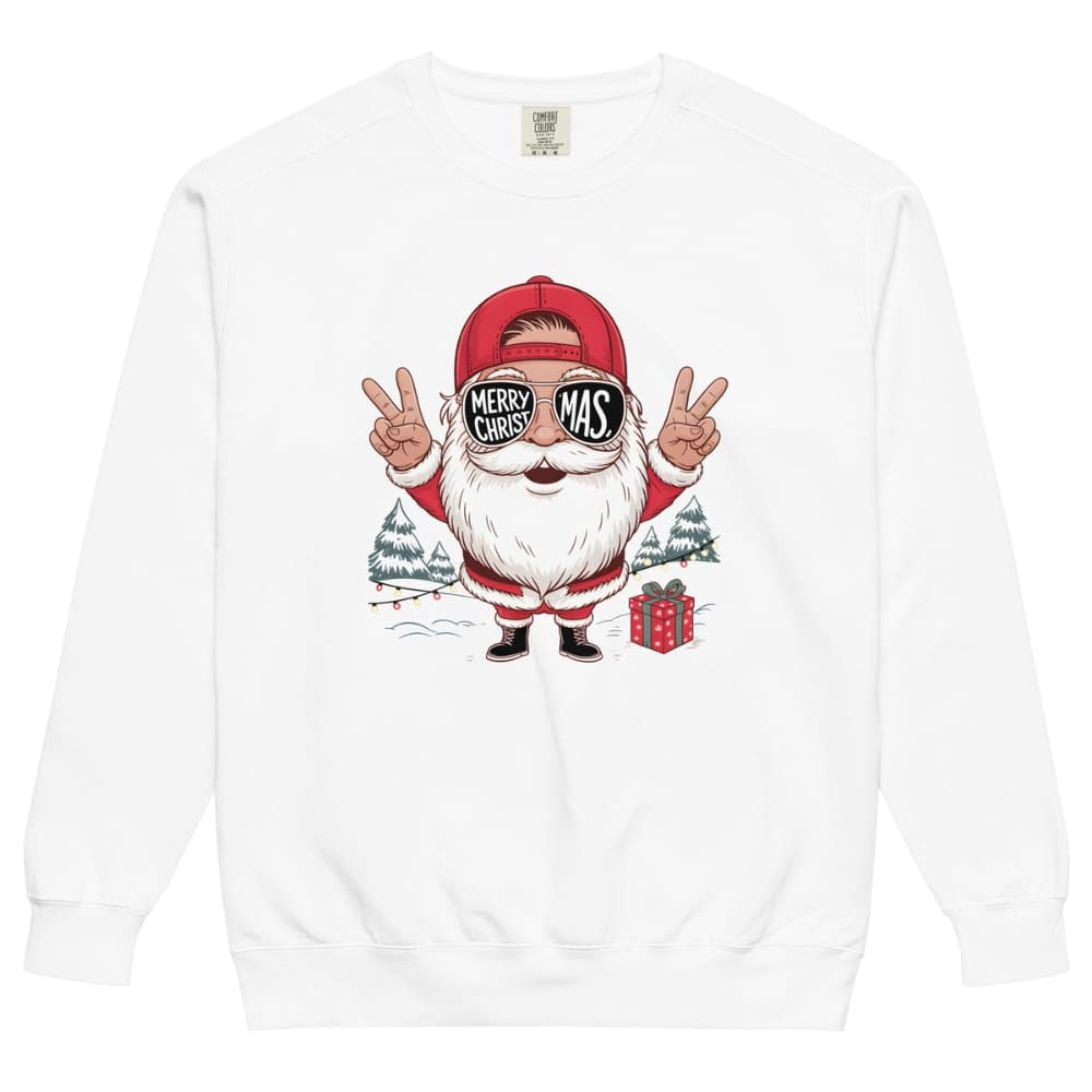 White sweatshirt with a cartoon Santa Claus design on a white background