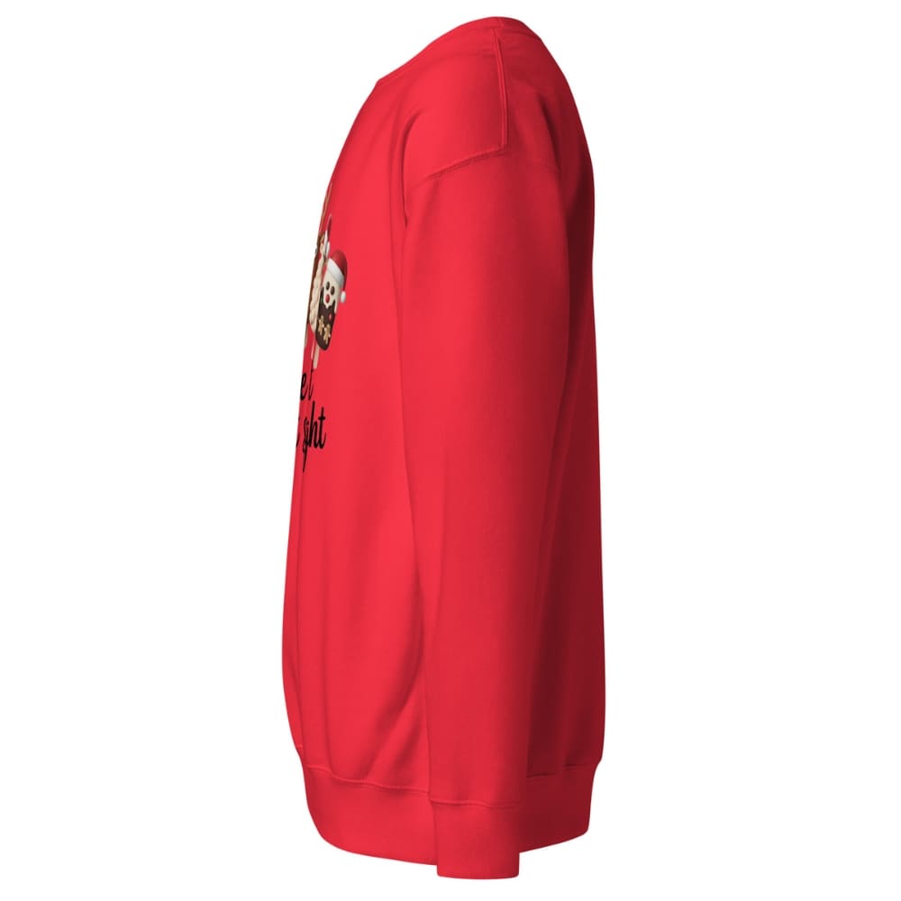 Red sweatshirt with a graphic design on the sleeve against a white background
