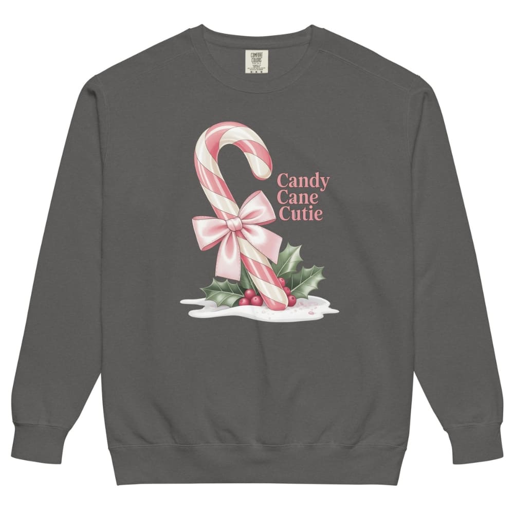 Gray sweatshirt with candy cane and bow design on a white background