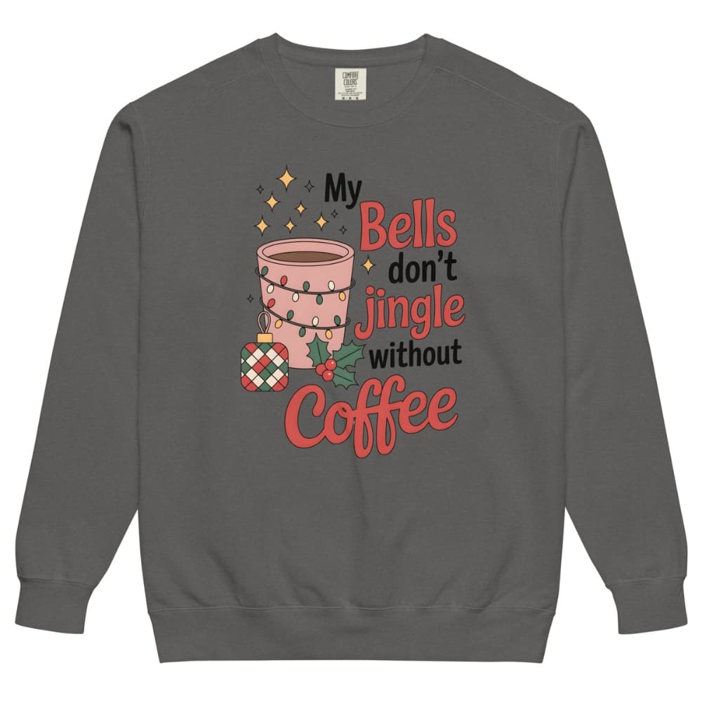 Gray sweatshirt with a festive coffee cup graphic and text on a white background
