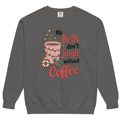 Gray sweatshirt with a festive coffee cup graphic and text on a white background