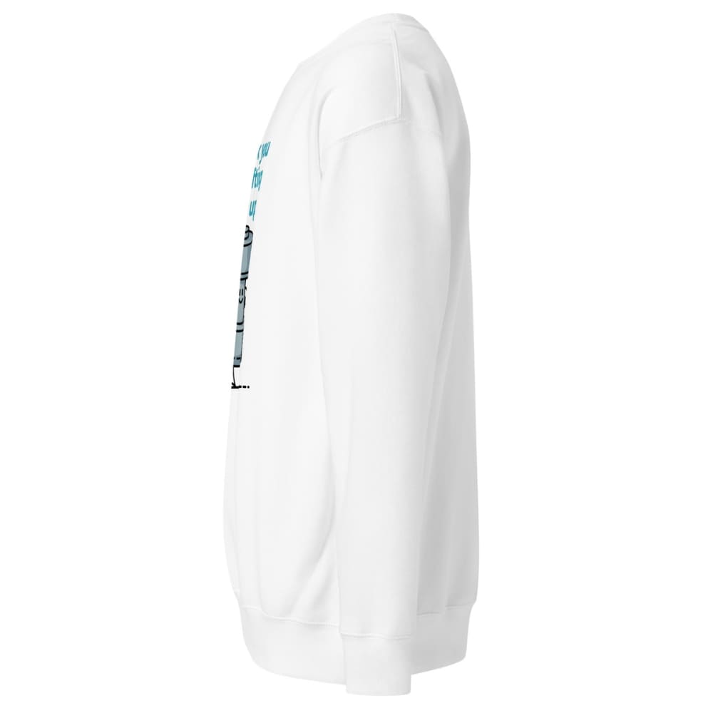 White sweatshirt with graphic design on sleeve against a white background