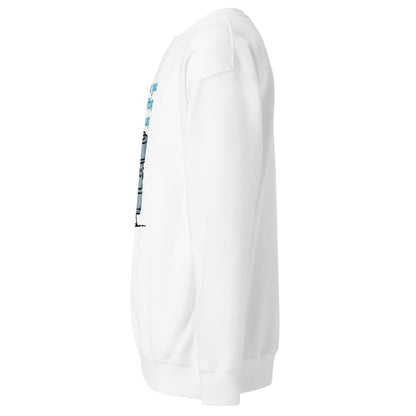 White sweatshirt with graphic design on sleeve against a white background