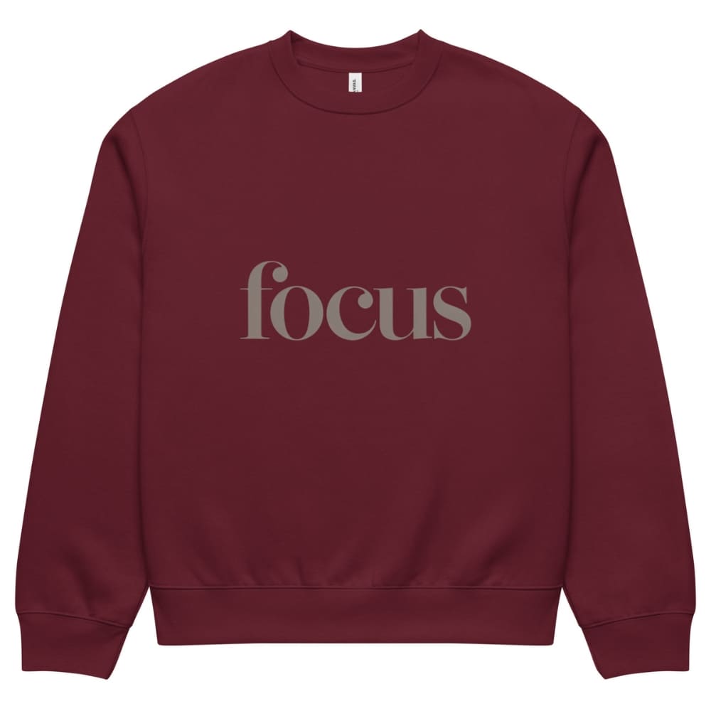 Maroon sweatshirt with 'focus' text on a white background