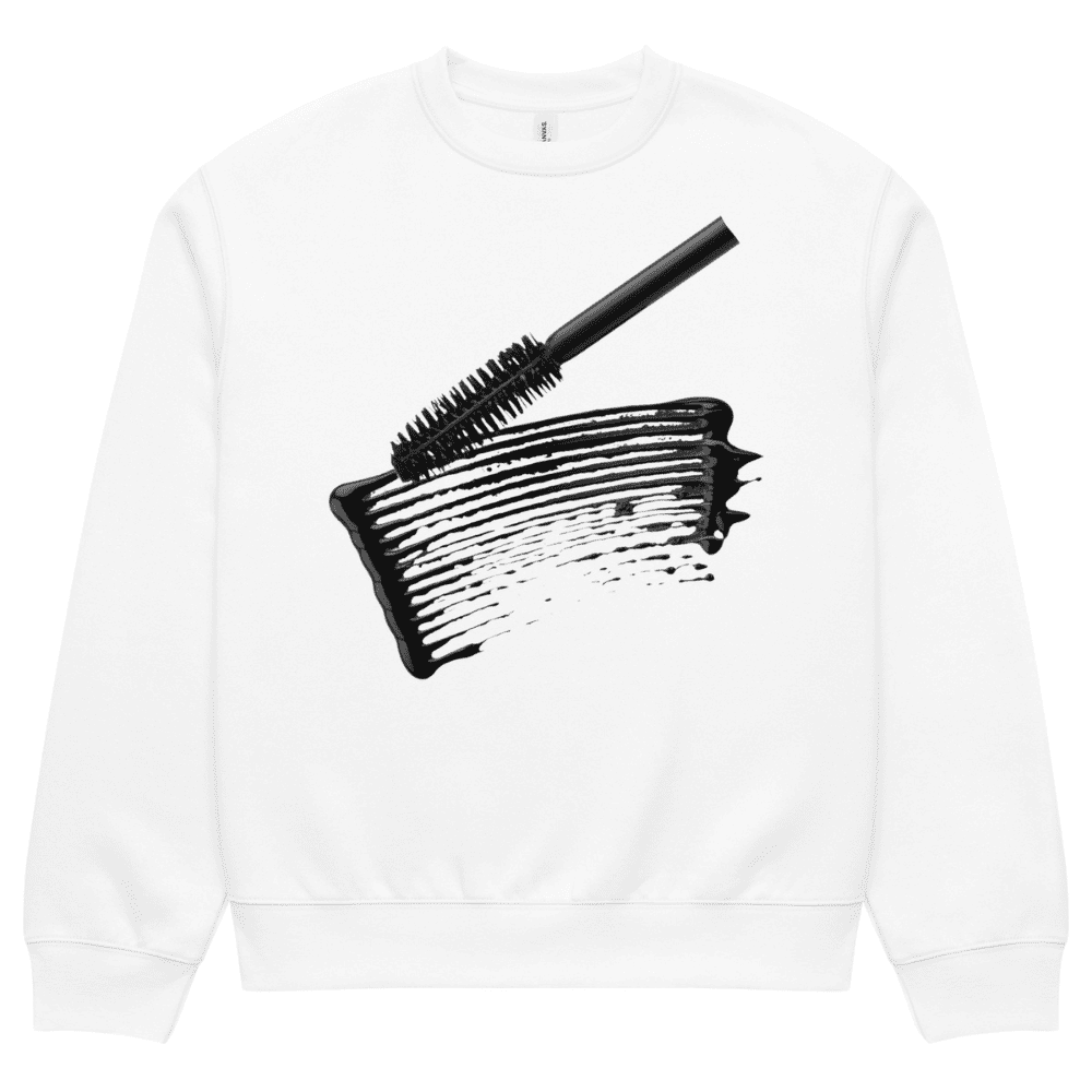White sweatshirt with black graphic design of a mascara wand and lashes on a white background