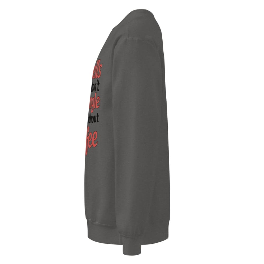 Gray sweatshirt with text on the sleeve against a white background