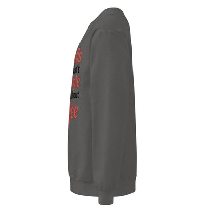Gray sweatshirt with text on the sleeve against a white background