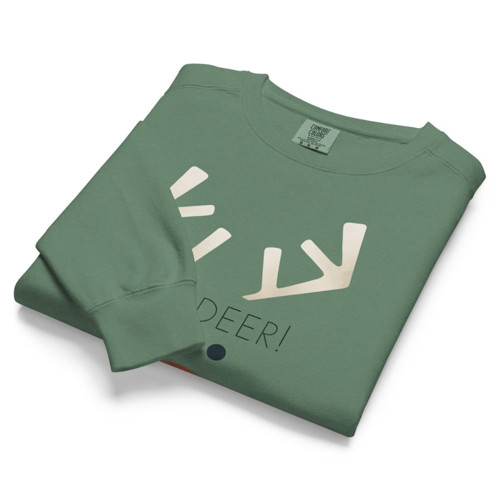 Green sweatshirt with white antler design and 'DEER!' text on a white background