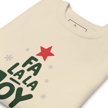 Beige sweatshirt with green text 'FA LA LA BOY' and a red star on a white background