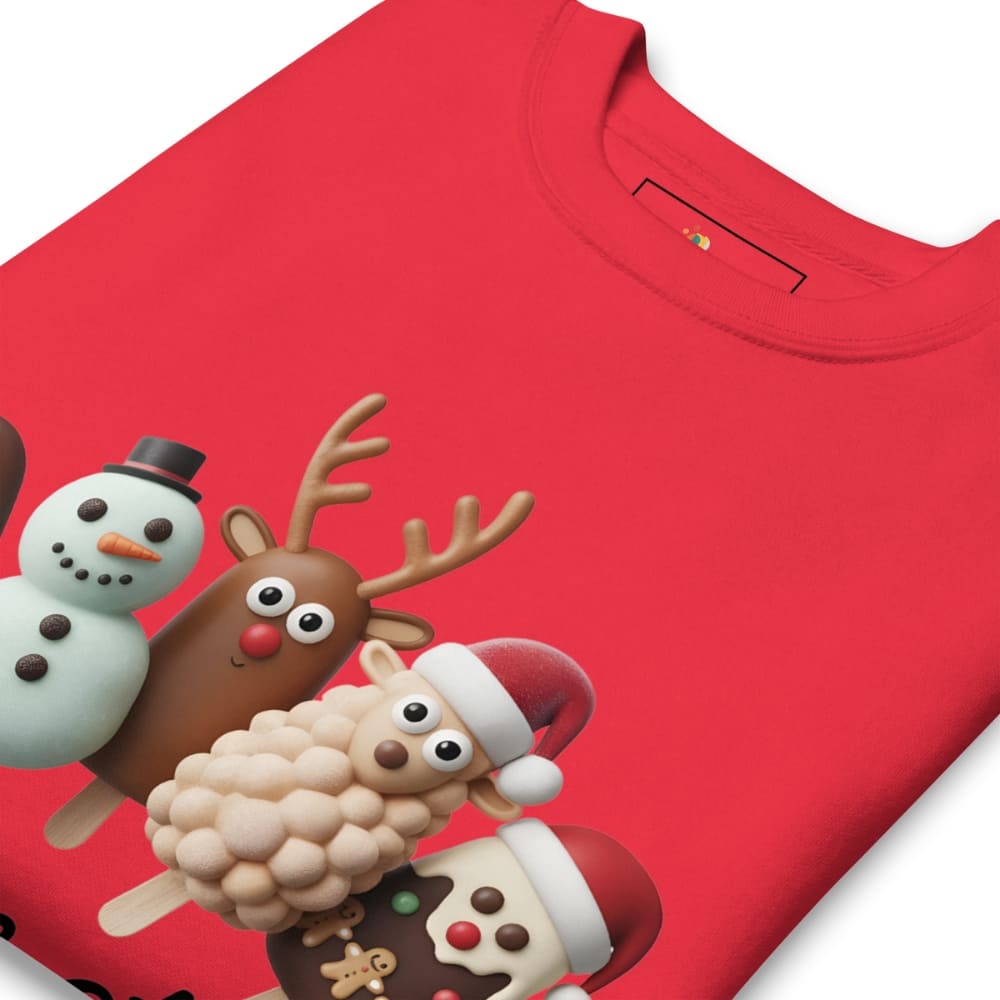 Red t-shirt with Christmas-themed design featuring a reindeer, snowman, and sheep on a white background.