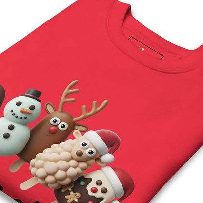 Red t-shirt with Christmas-themed design featuring a reindeer, snowman, and sheep on a white background.