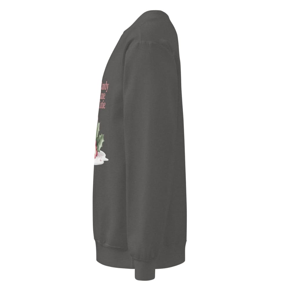 Dark gray sweatshirt with a graphic design on the sleeve against a white background