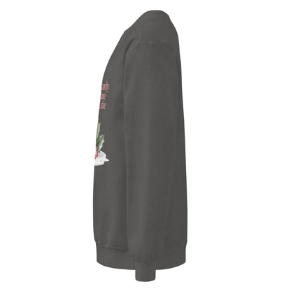 Dark gray sweatshirt with a graphic design on the sleeve against a white background