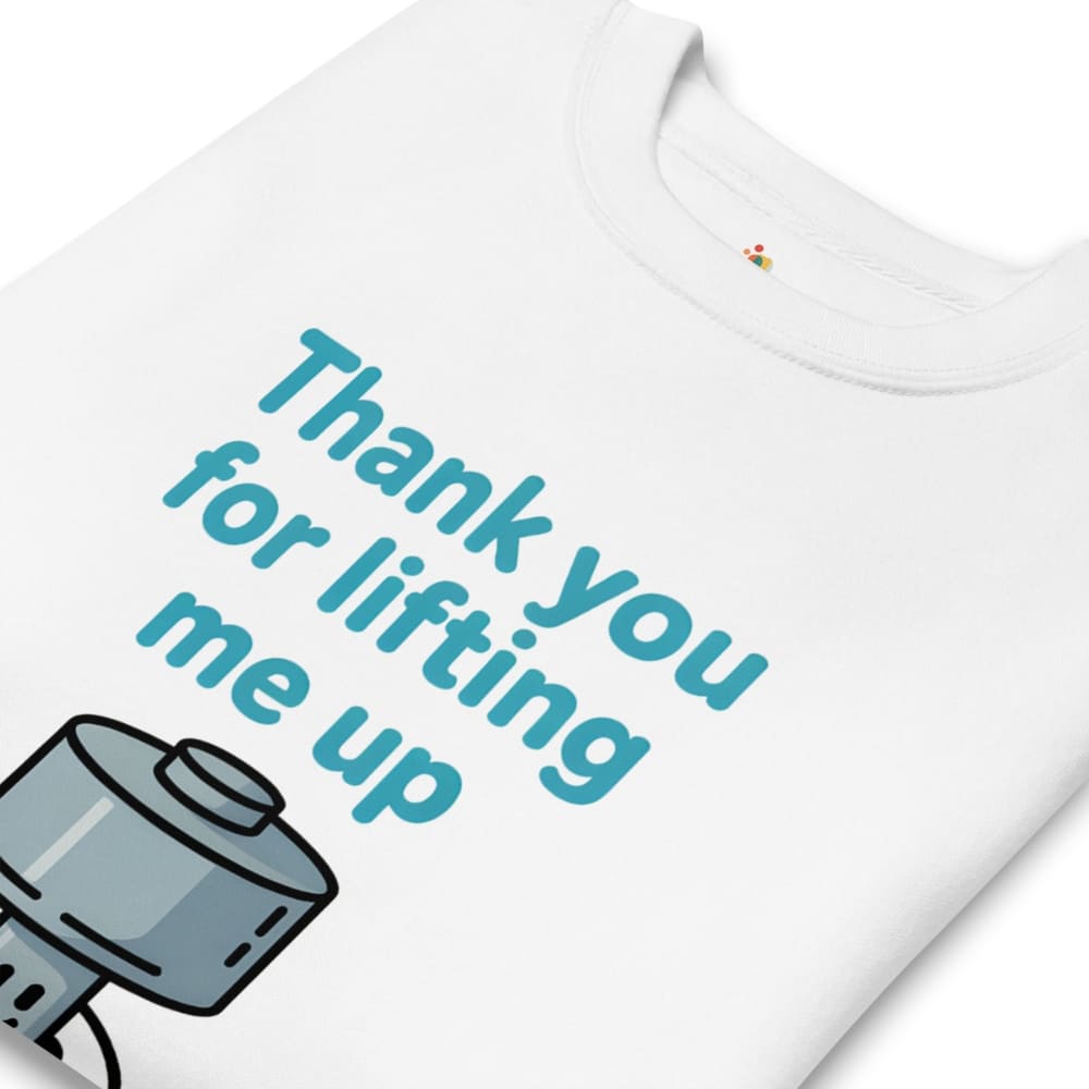 White t-shirt with blue text 'Thank you for lifting me up' and a graphic of a camera.