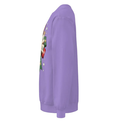 Purple sweatshirt with a colorful graphic on the sleeve against a white background