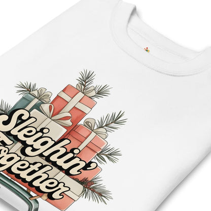 White t-shirt with Christmas-themed design featuring presents and 'Sleighin' Together' text.