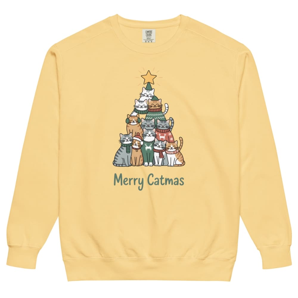 Yellow sweatshirt with a Christmas tree design of cats and 'Merry Catmas' text on a white background