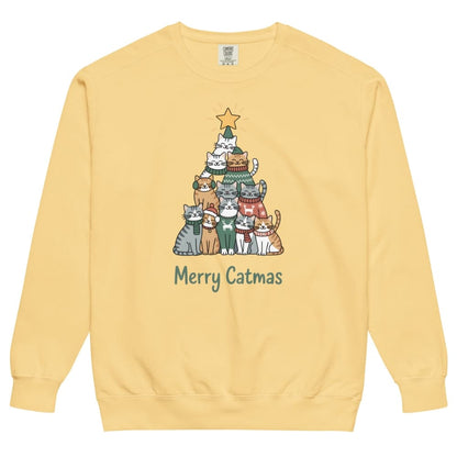 Yellow sweatshirt with a Christmas tree design of cats and 'Merry Catmas' text on a white background