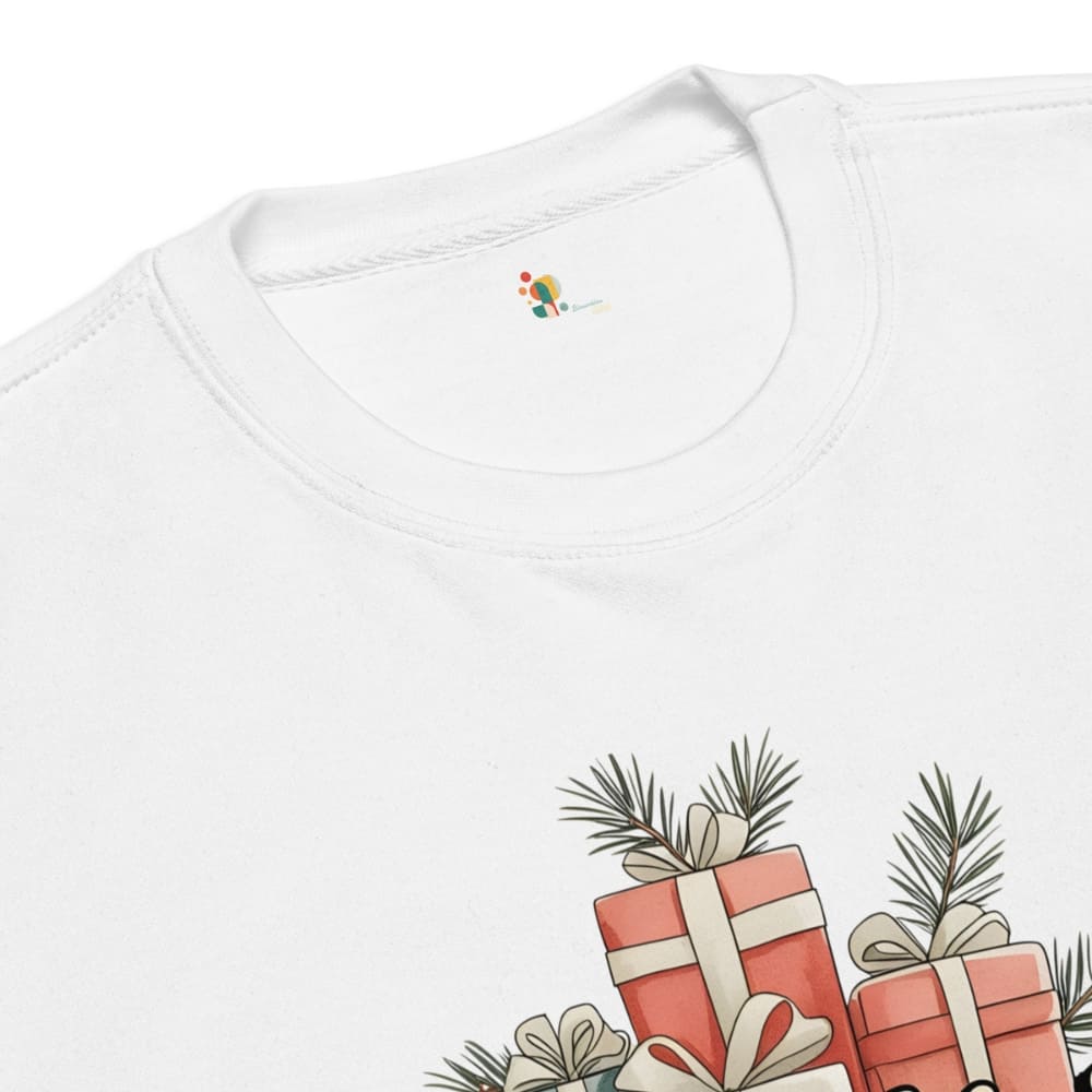 White t-shirt with a graphic of gift boxes and greenery on a white background