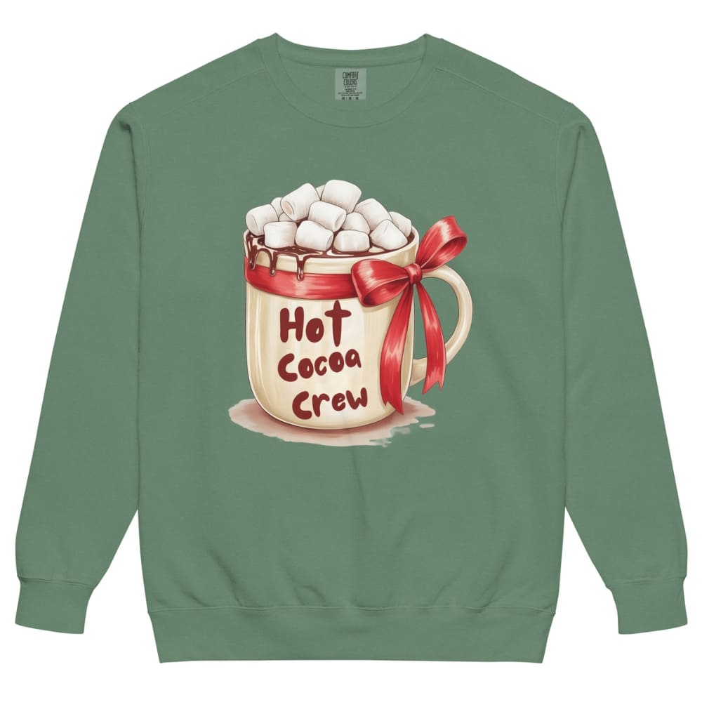 Green sweatshirt with a hot cocoa graphic and 'Hot Cocoa Crew' text on a white background