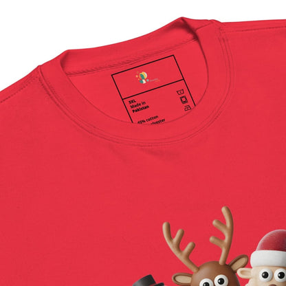 Red t-shirt with a reindeer and Santa Claus design on a white background