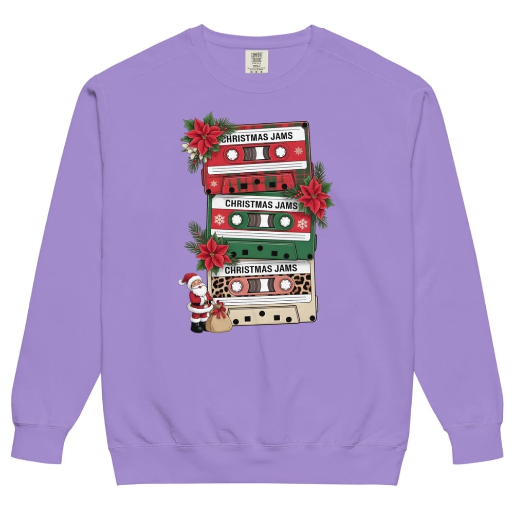 Purple sweatshirt with Christmas-themed cassette tape design on a white background