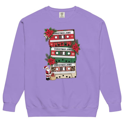 Purple sweatshirt with Christmas-themed cassette tape design on a white background
