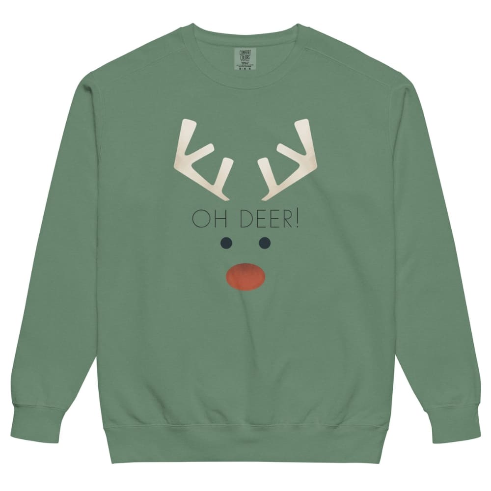 Green sweatshirt with reindeer face design and 'OH DEER!' text on a white background
