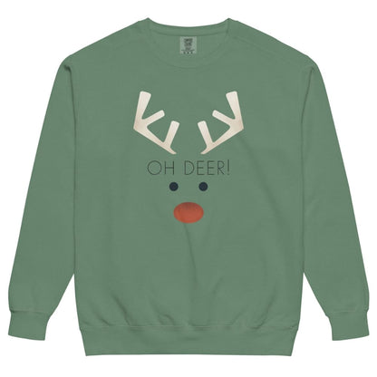 Green sweatshirt with reindeer face design and 'OH DEER!' text on a white background