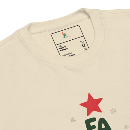Beige sweatshirt with a red star and green text on a white background